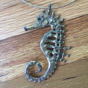 Vintage Brutalist Brass Seahorse Necklace